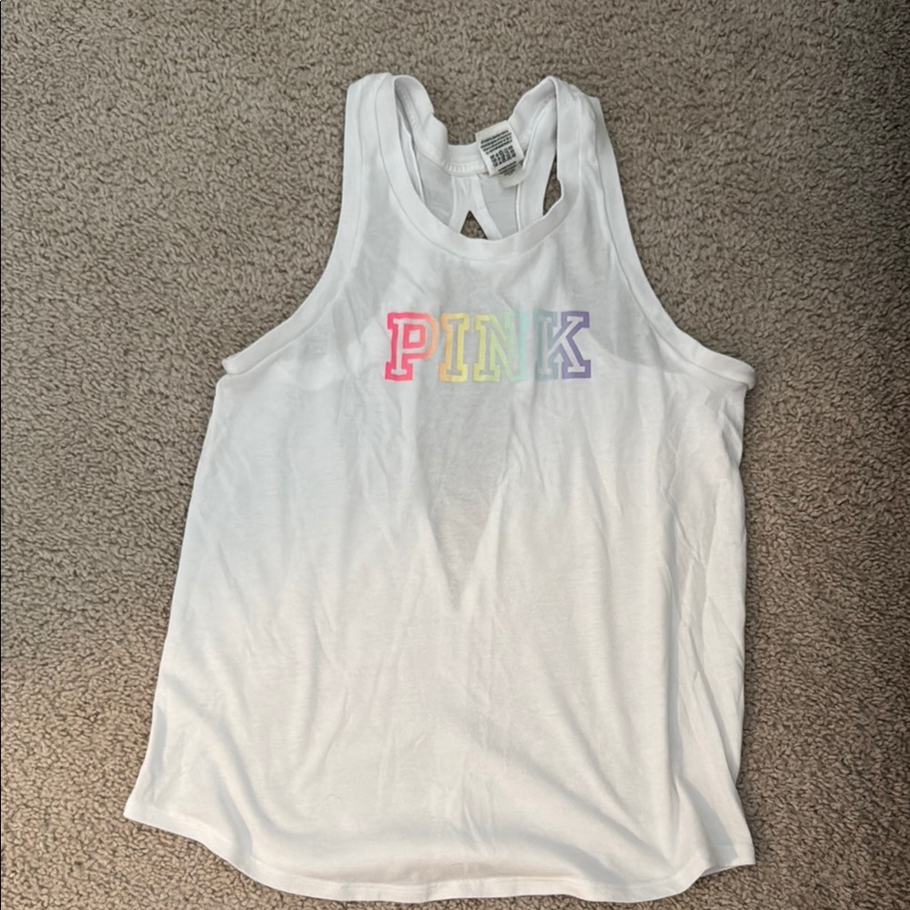 White Tank Top with Rainbow PINK Logo